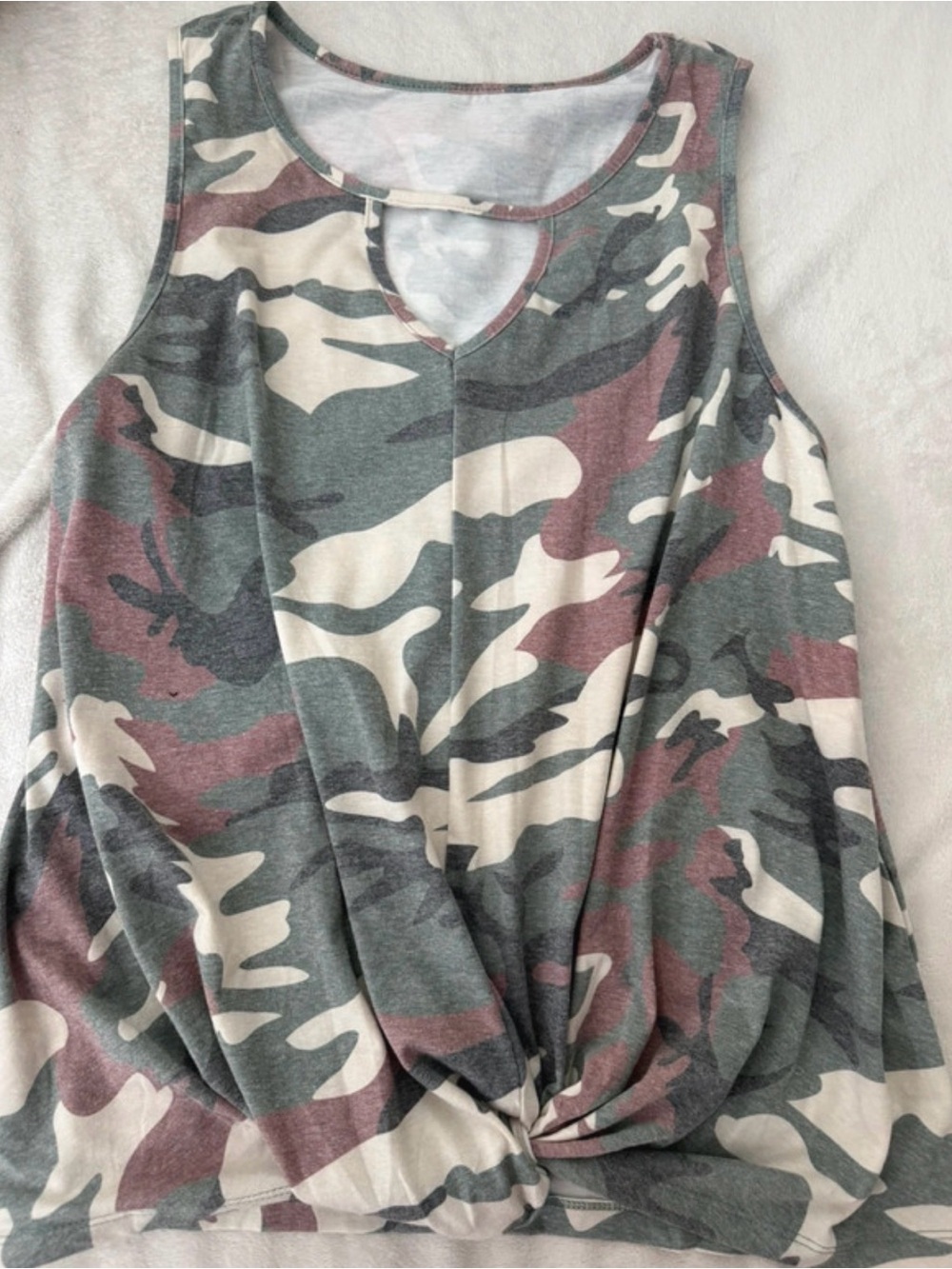 Source Unknown Women's Camo Twist-Front Tank Top - Gray & Mauve & Cream